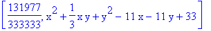 [131977/333333, x^2+1/3*x*y+y^2-11*x-11*y+33]